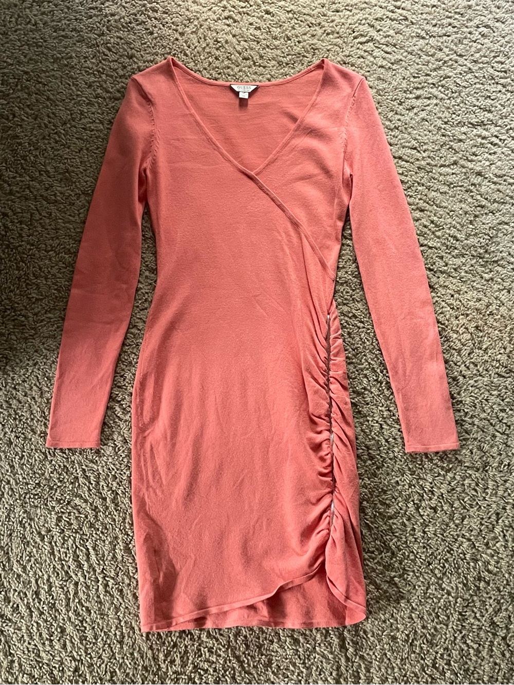 Guess Coral Wrap-Style Long Sleeve Ruched Dress